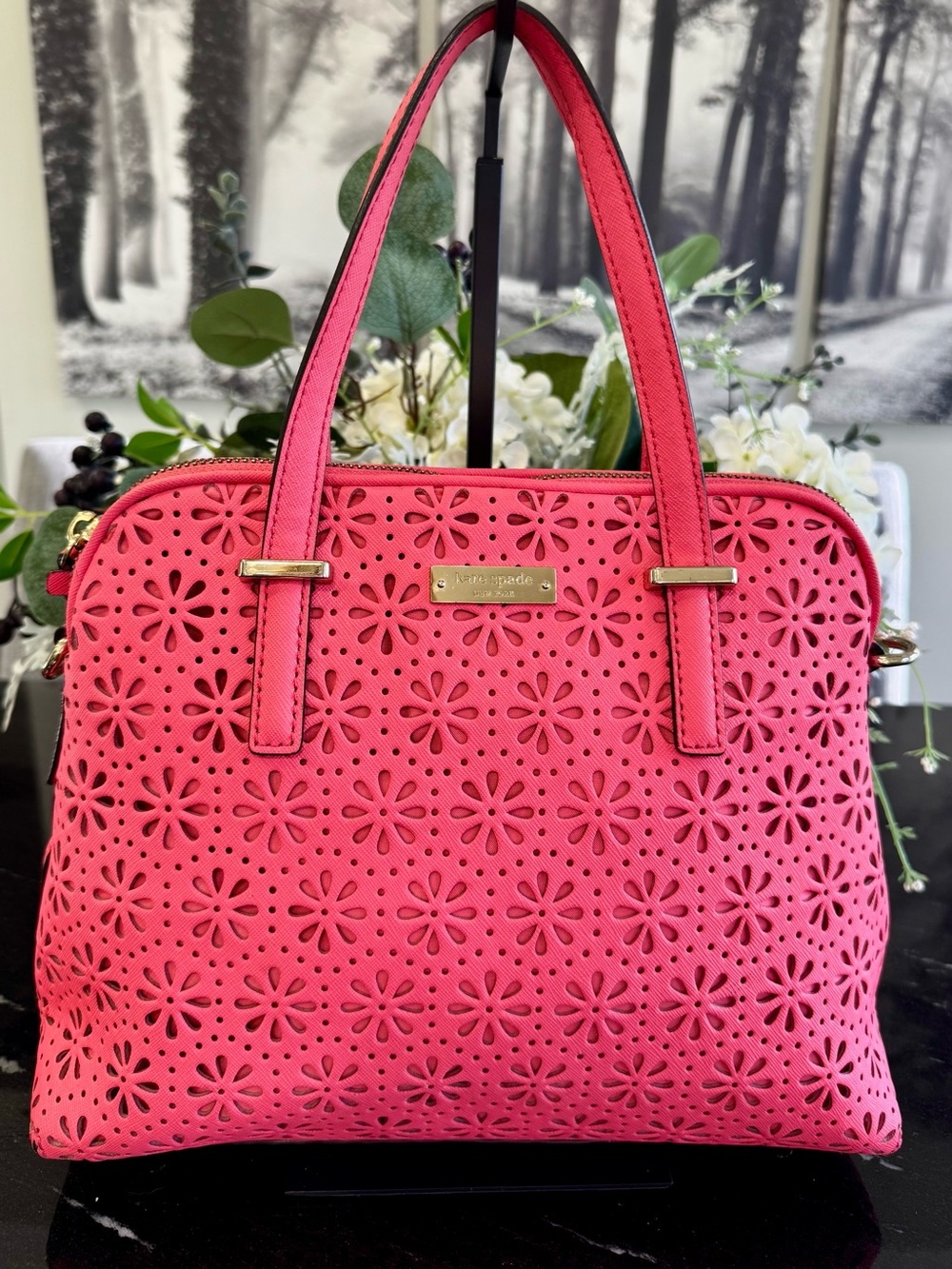 🌺 Kate Spade Cedar Street Maise Satchel Crossbody Surprise Coral Laser Cut Flora